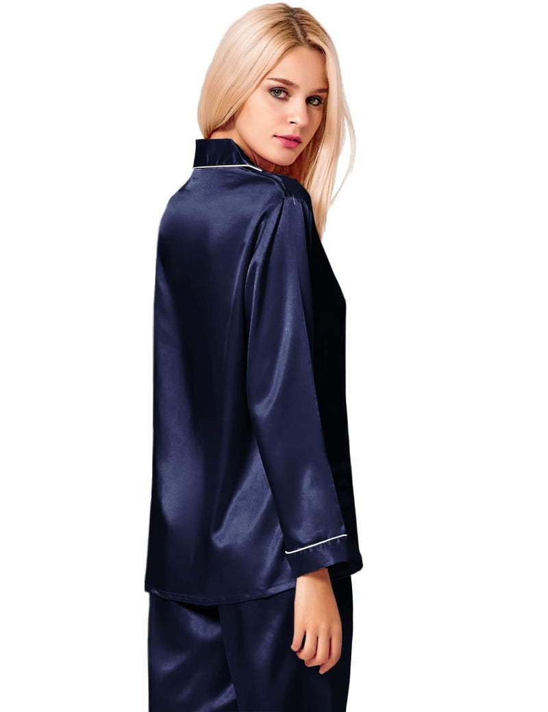 SWOMOG Womens Silk Satin Pajamas Long Sleeve Loungewear Two-Piece Sleepwear Button-Down Pj Set Deep Navy Blue - Image 5